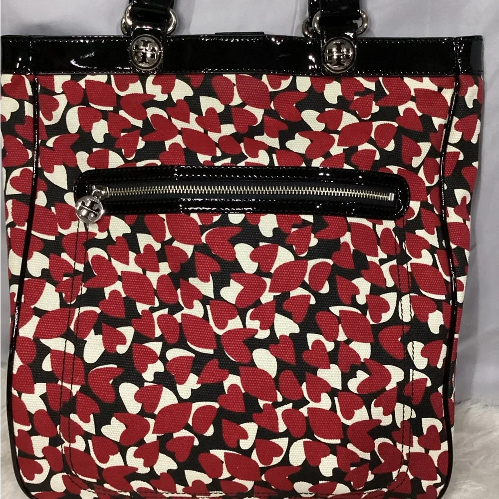 Tory Burch Red Hearts Canvas with Black Patent Leather Tote Shopper EUC